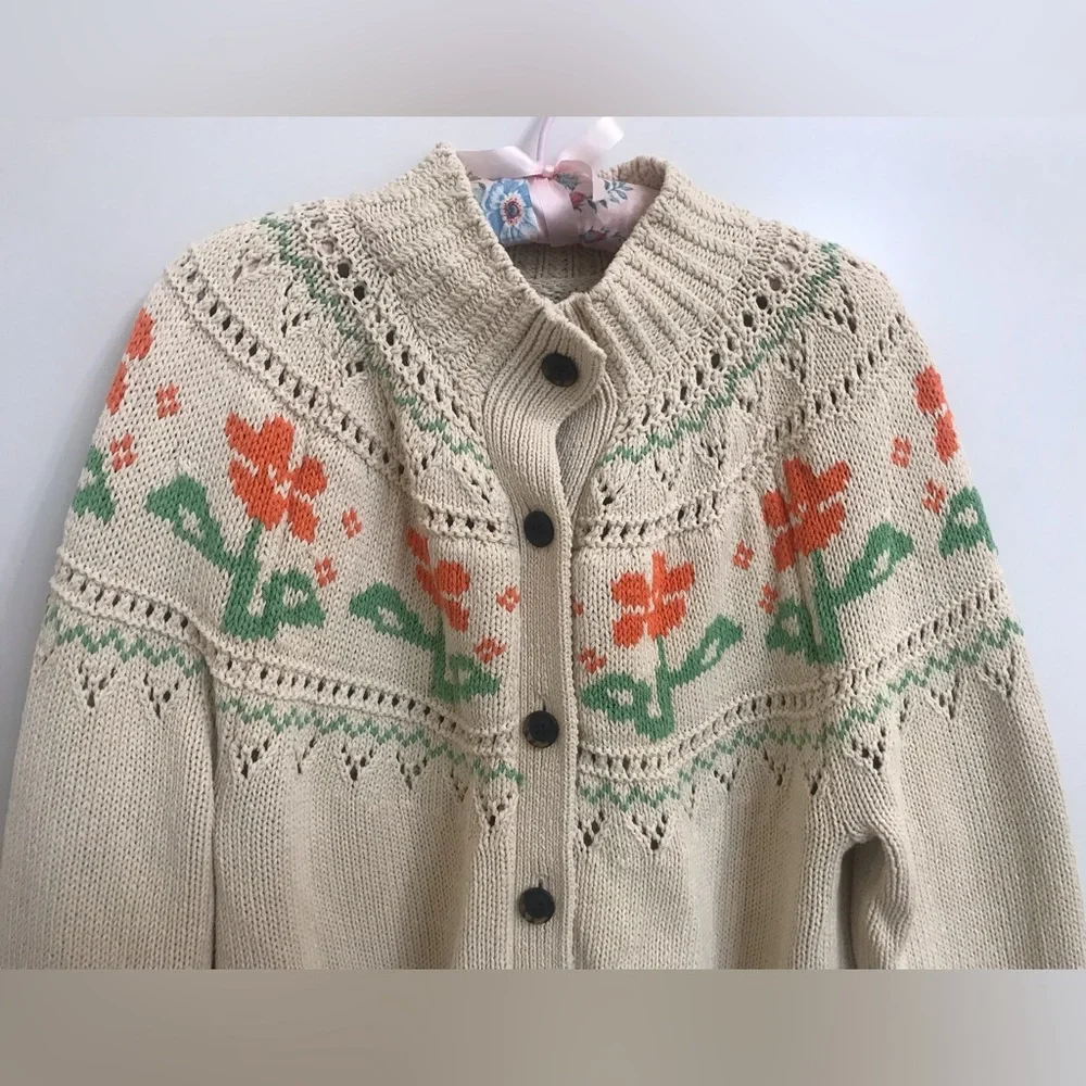 L.L. Bean Beige Cardigan with Orange and Green Floral Design - Picture 3 of 5